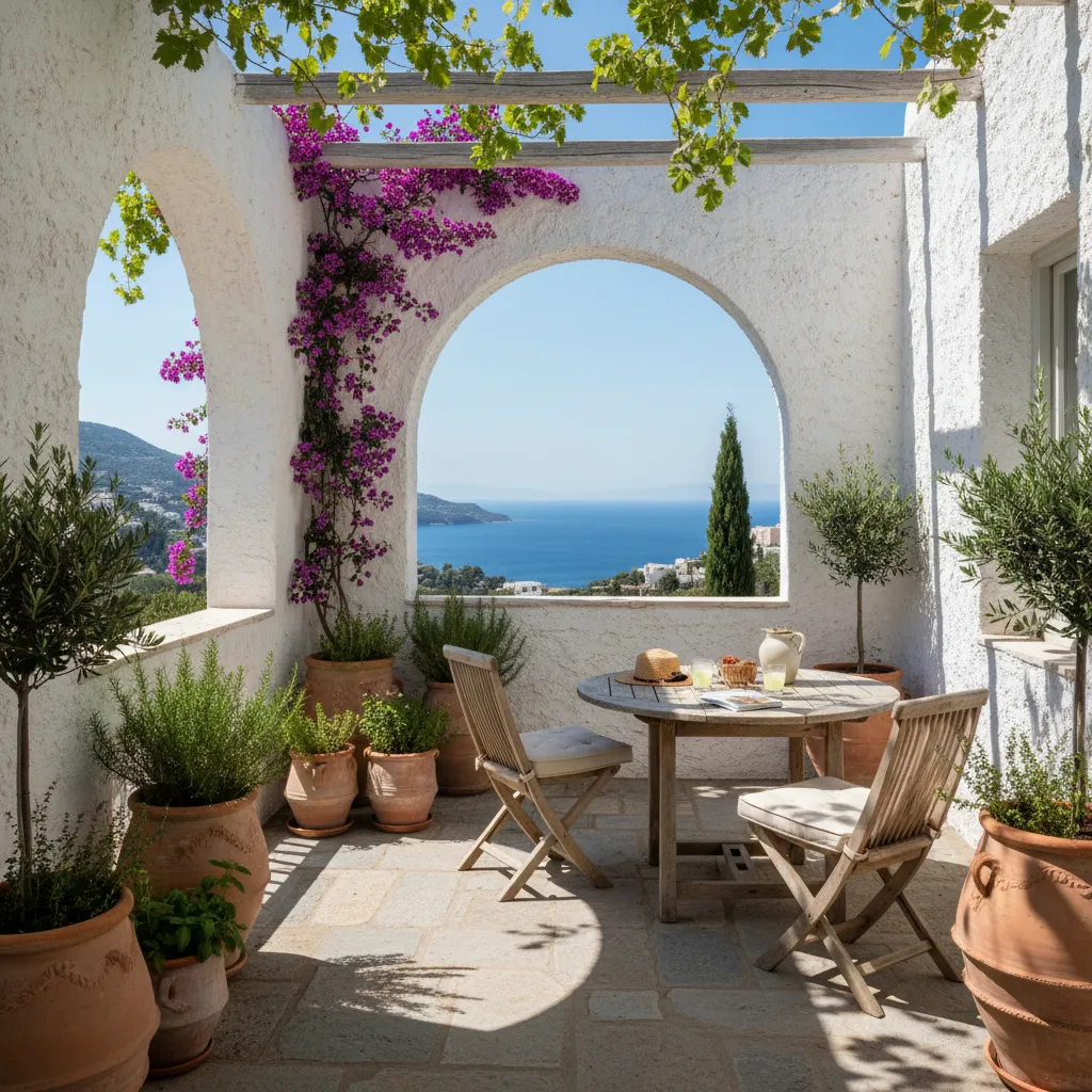 Mediterranean balcony with white arched walls wooden table chairs potted plants and blue sea view
