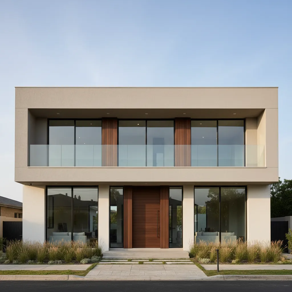 Fachada contemporánea con balcón integrado en el segundo nivel