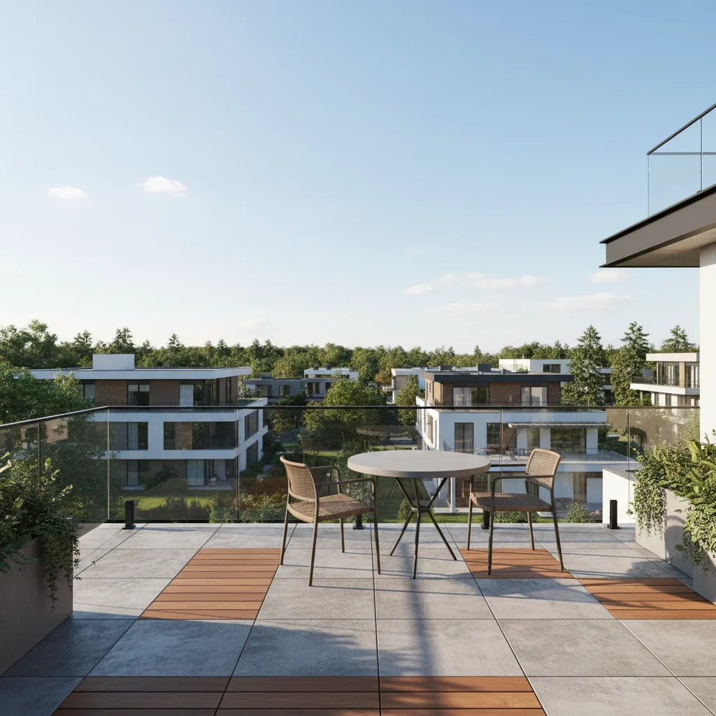 Balcón amplio con mesa y sillas en casa de dos pisos