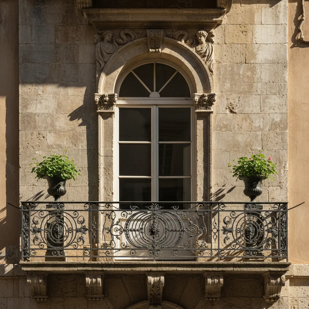 Classic stone balcony with black metal railing an arched window and two green potted plants