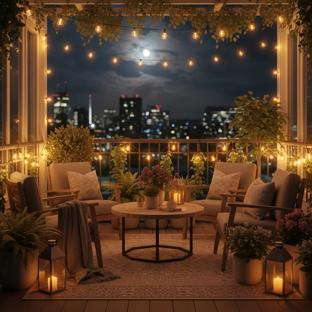 Cozy balcony at night with warm string lights armchairs coffee table lanterns and city view