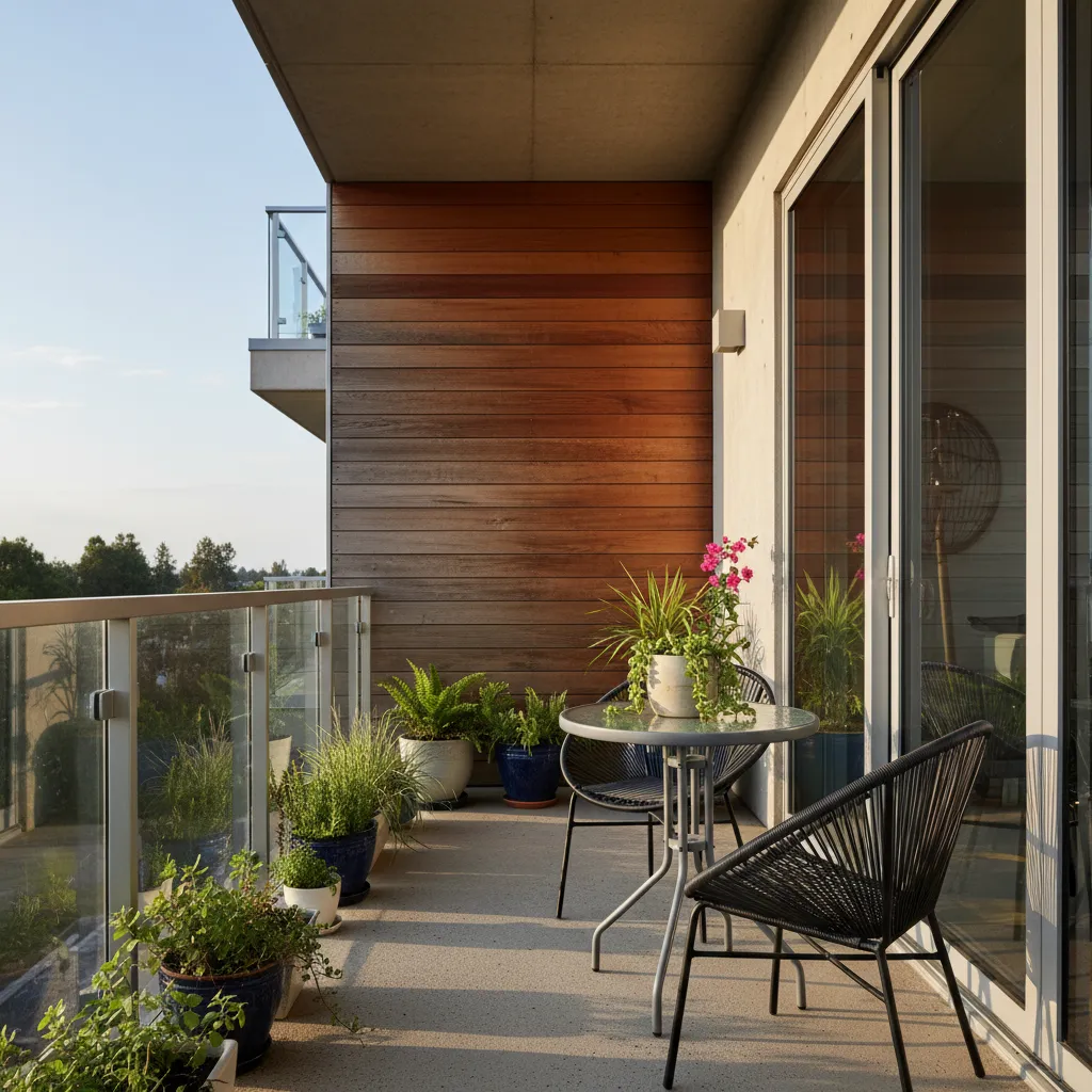 Modern balcony with wood wall panel, glass table, black chairs, and many green potted plants