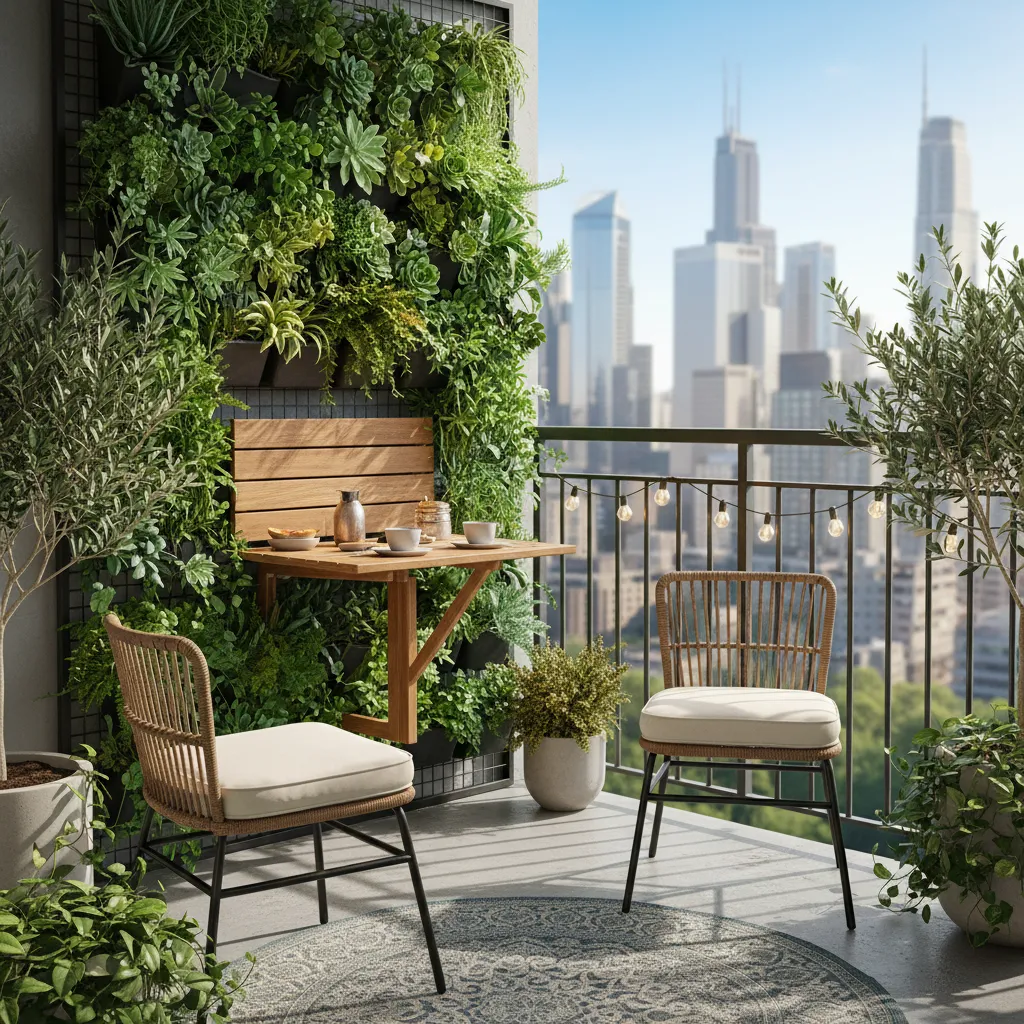 Small balcony with vertical green wall folding wooden table woven chairs and city skyline view