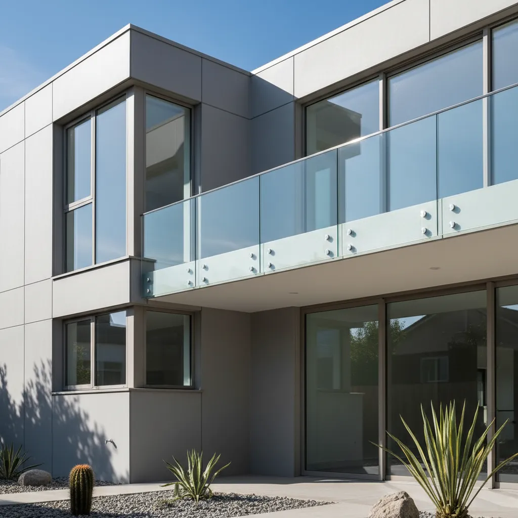 Balcón moderno con barandilla de vidrio en fachada contemporánea