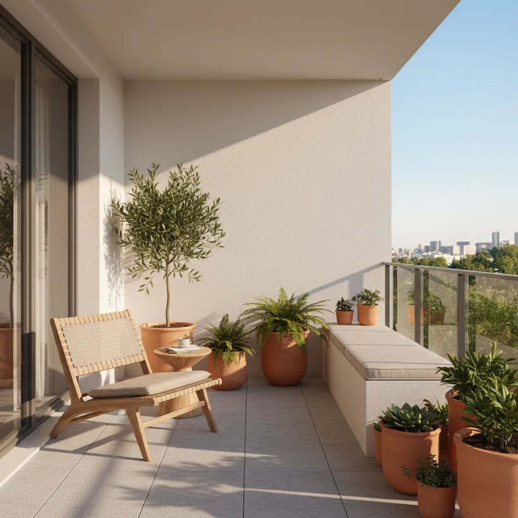 Small balcony with neutral palette and subtle terracotta accent planters