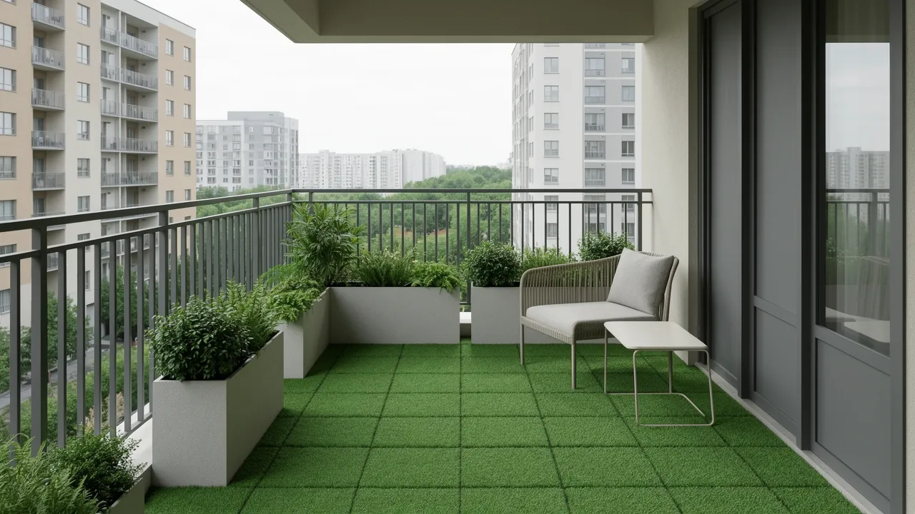 small balcony with artificial grass flooring and potted plants