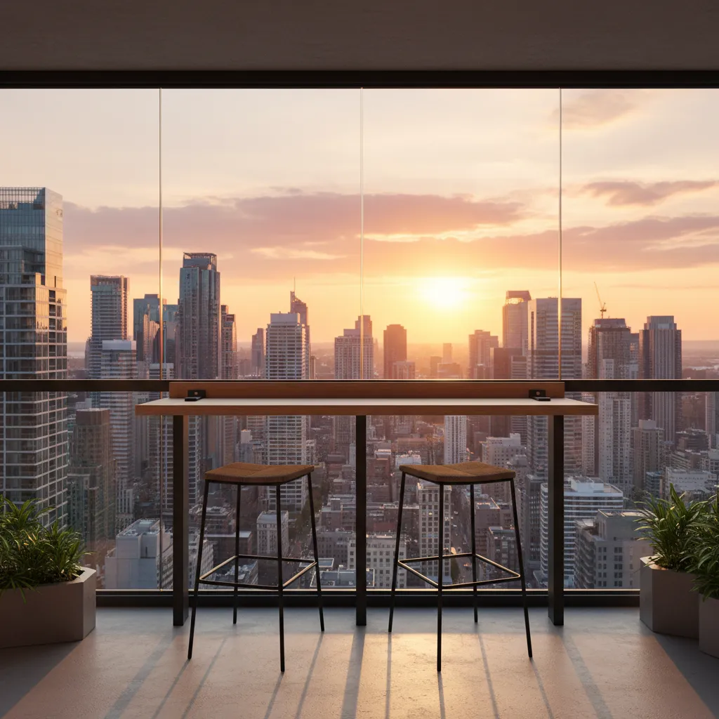 Slim balcony bar table with stools overlooking city