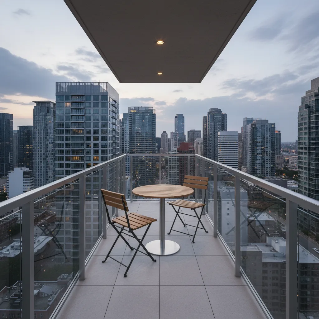 Round bistro table and chairs on a narrow apartment balcony