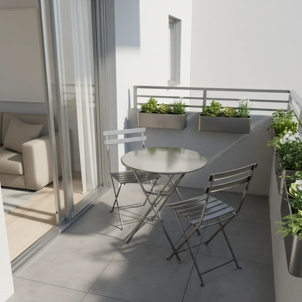Balcony bistro table and folding chairs layout for small outdoor dining