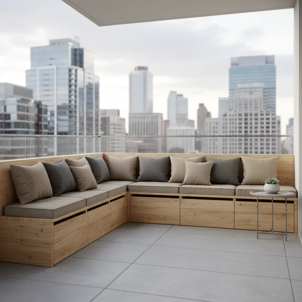 Balcony built in bench seating with hidden storage