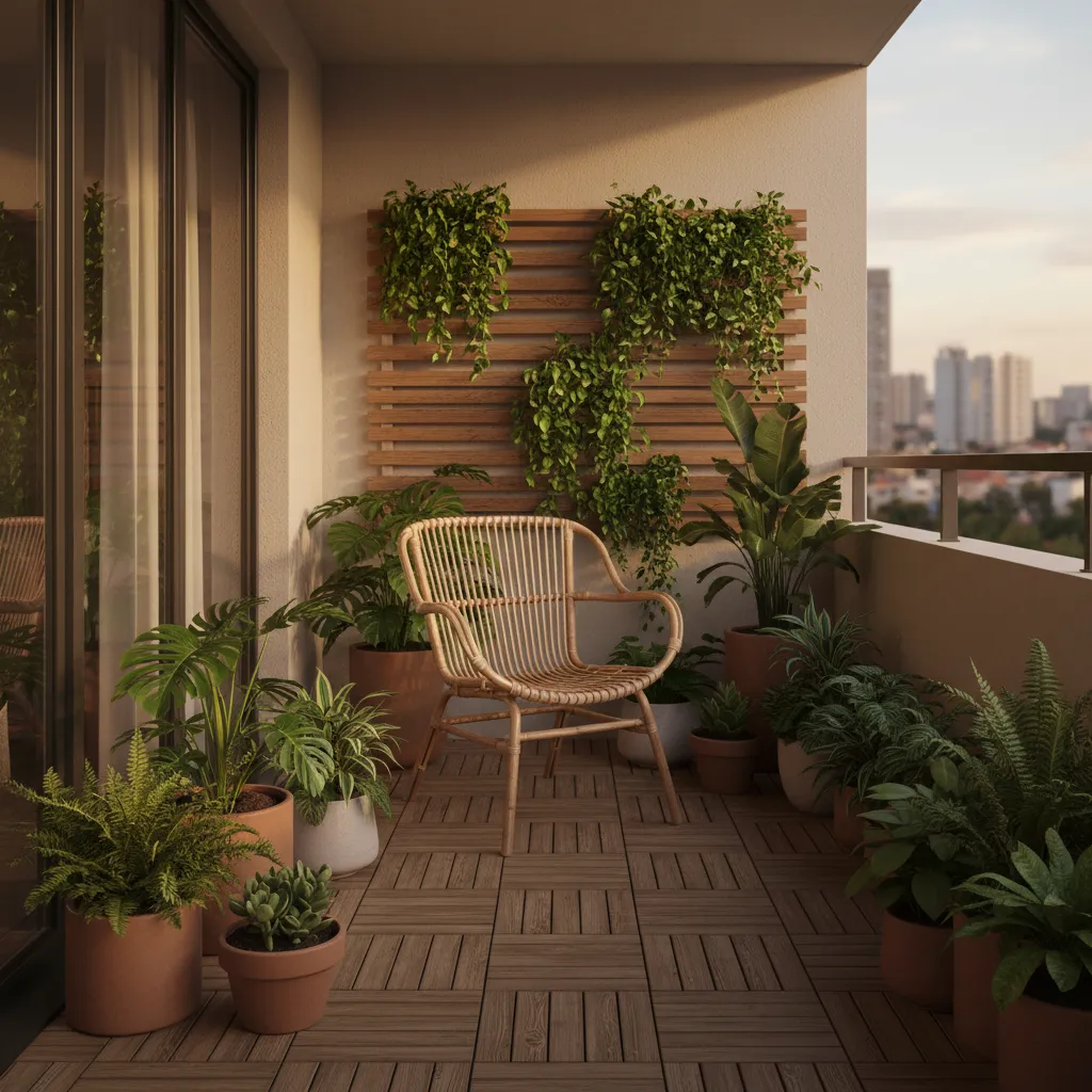 small balcony garden with rattan chair and plants