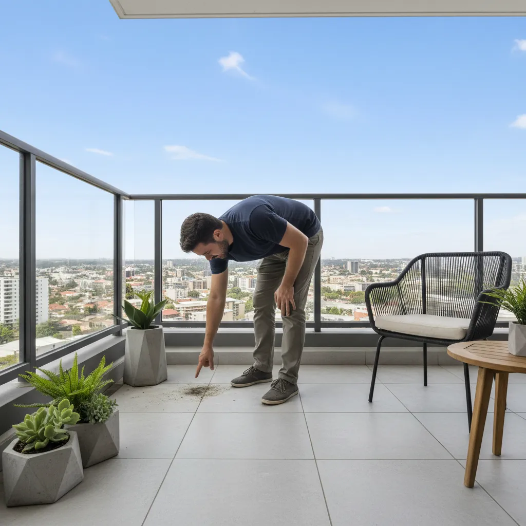Homeowner inspecting balcony floor condition before cleaning