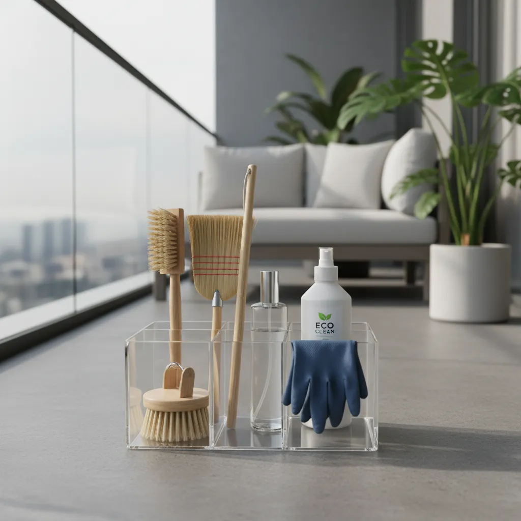 Organized balcony cleaning kit with broom brush gloves and cleaning solution in storage box