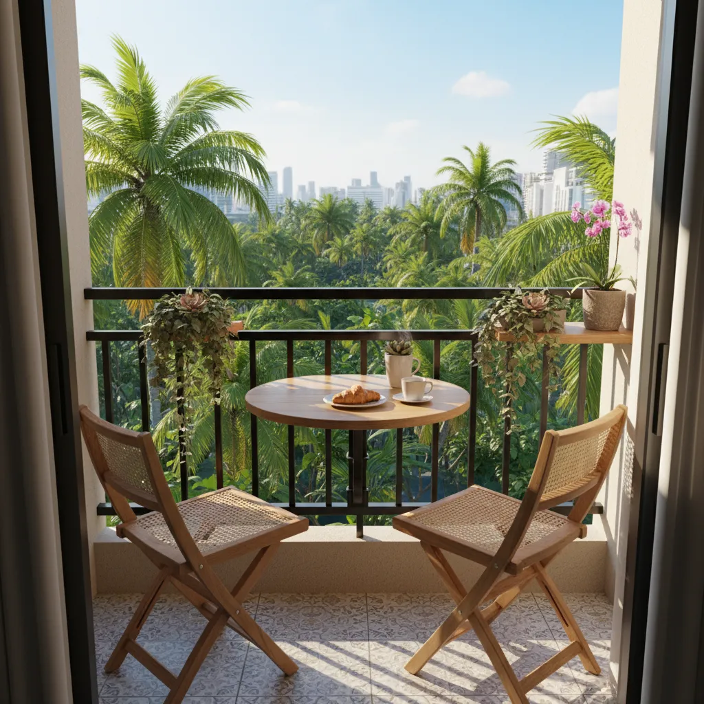 tiny balcony coffee corner with foldable table and chairs