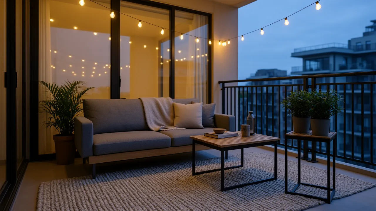 Cozy balcony lounge with loveseat, rug, lighting and plants