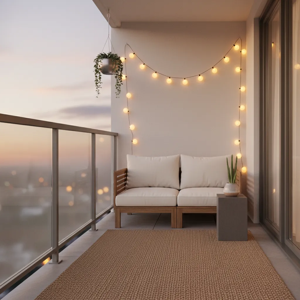 Apartment balcony with rug seating and warm lighting