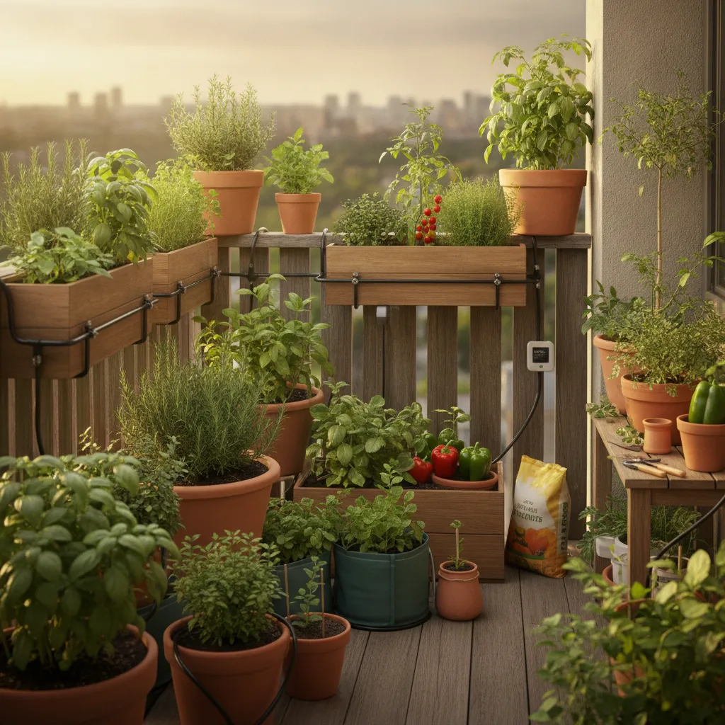 small balcony garden with drip irrigation tubes watering container plants