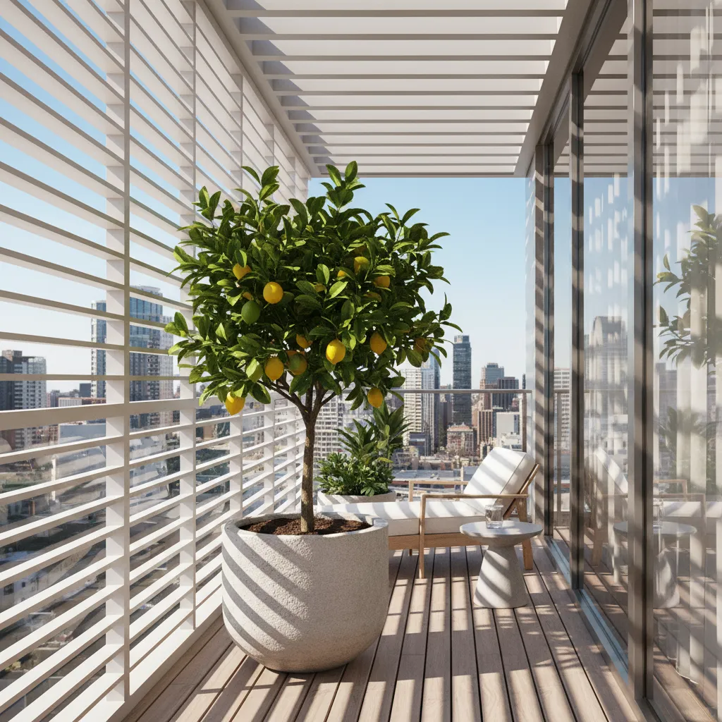 dwarf lemon tree growing in a container on apartment balcony