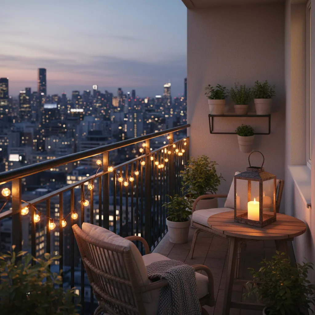Apartment balcony with warm string lights at night