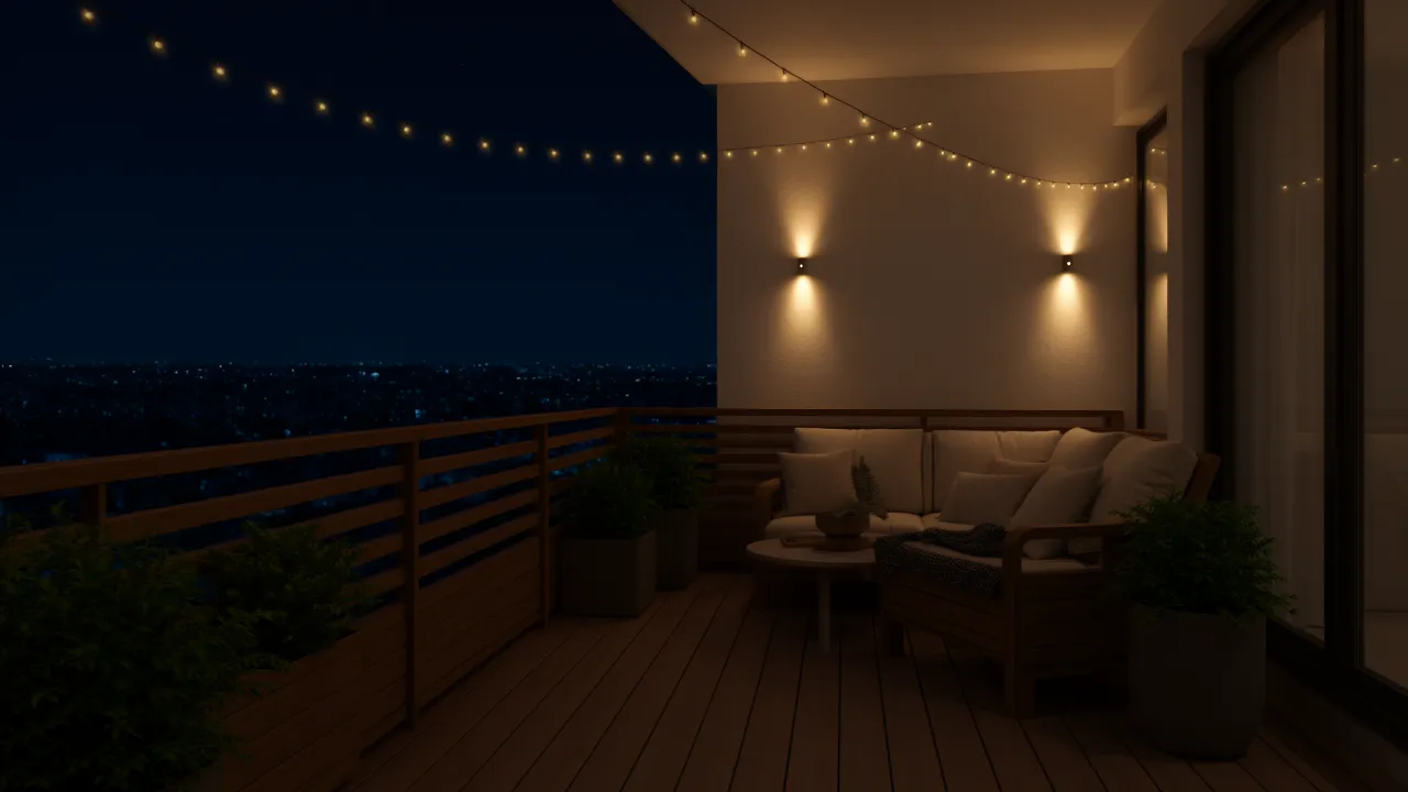First floor balcony with warm evening lighting