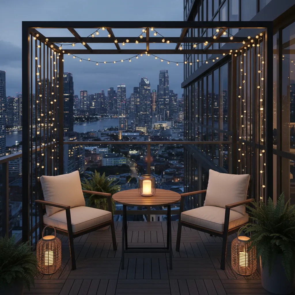 apartment balcony at night with warm string lights and lantern lighting