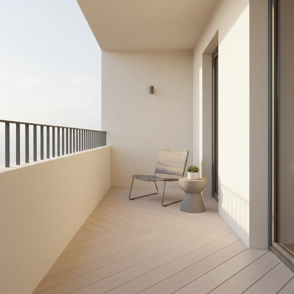 Small balcony with diagonal light wood flooring creating visual depth