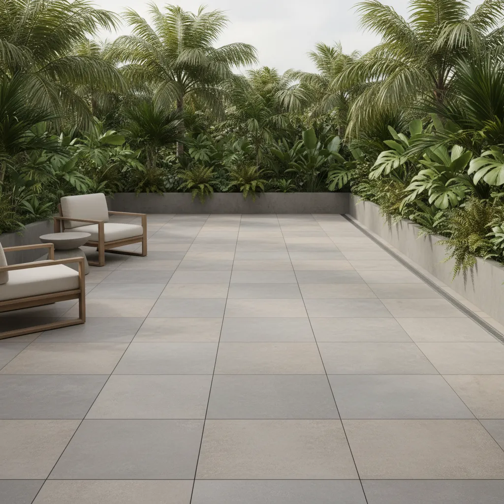 Kerala balcony floor with textured tiles and drainage slope