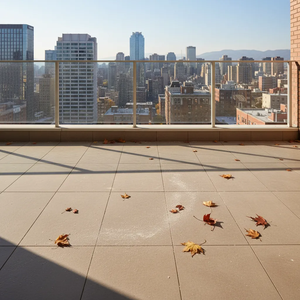 Apartment balcony floor with visible dust and debris before cleaning