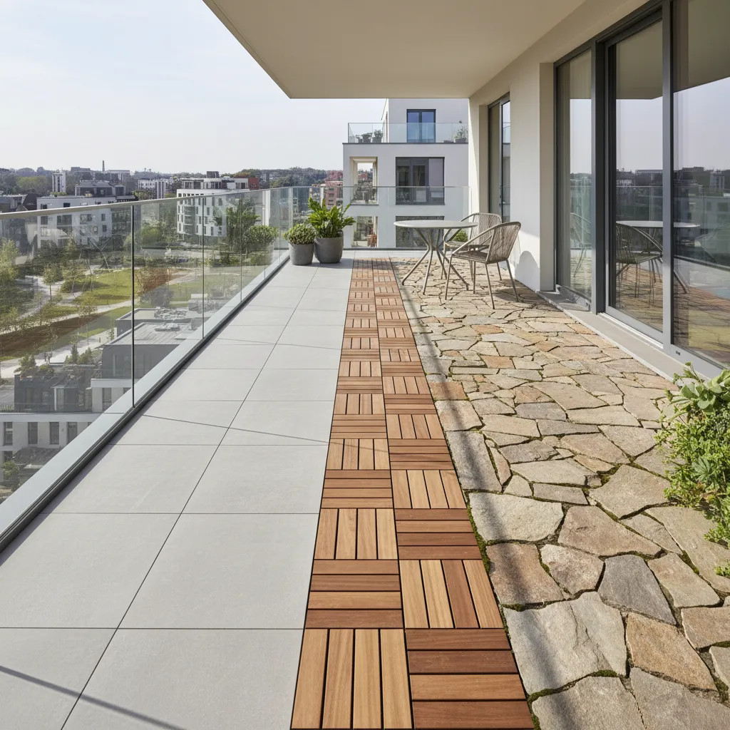 Different balcony flooring materials including tile wood decking and stone