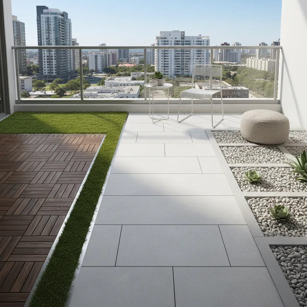 Different balcony garden flooring materials including tiles grass and gravel
