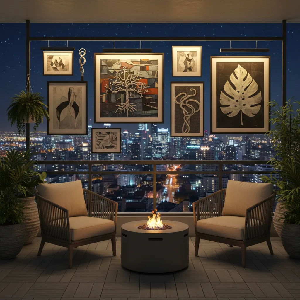 balcony gallery wall illuminated with warm outdoor lighting at night