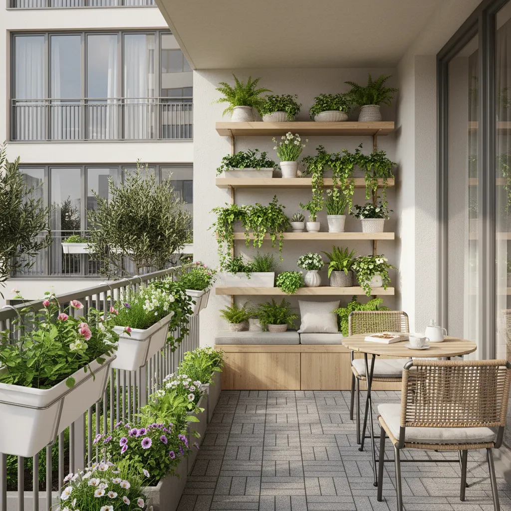 Well organized balcony garden layout with plants along wall and railing