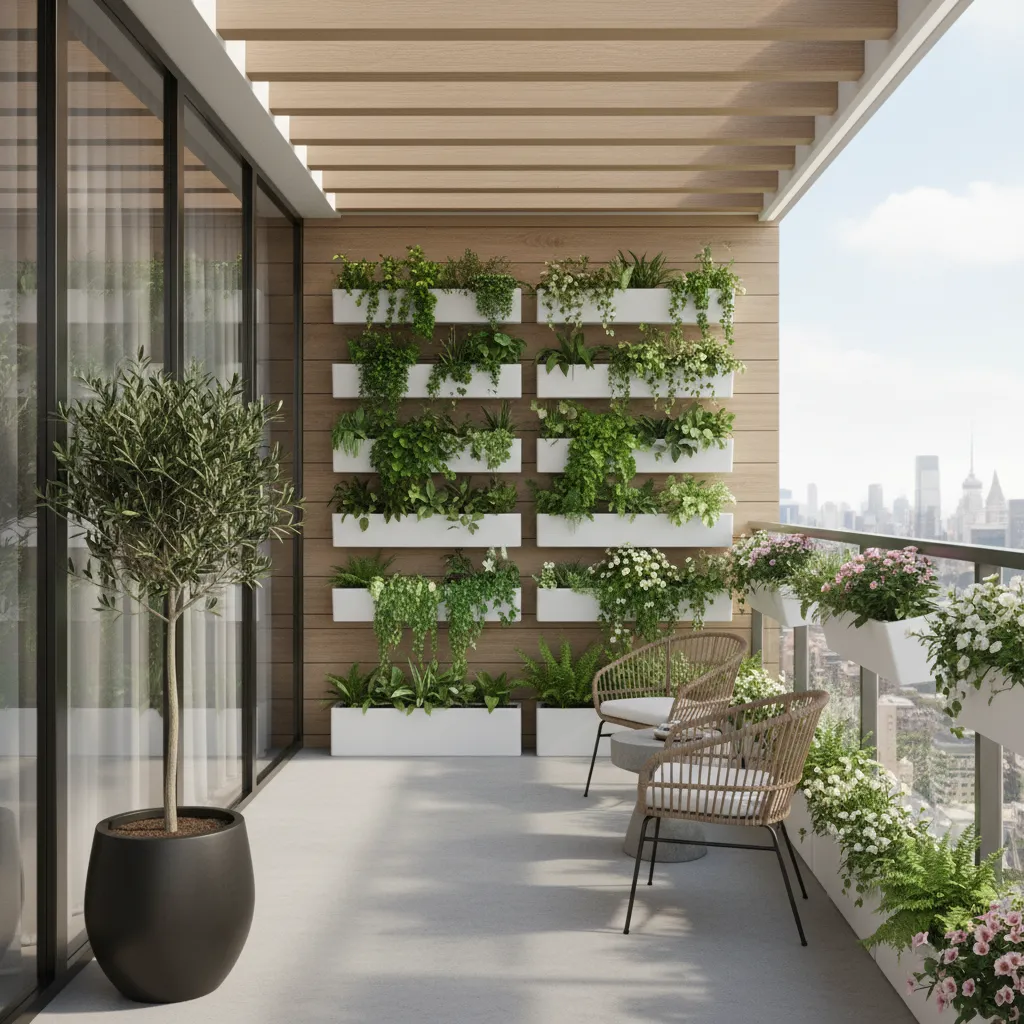 Organized apartment balcony garden layout with vertical wall plants railing planters and corner tree