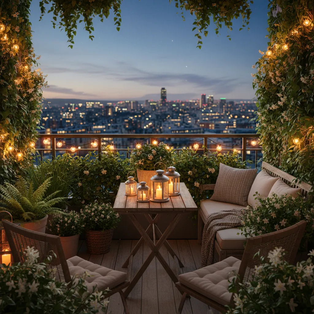 balcony garden at night with warm string lights and lanterns