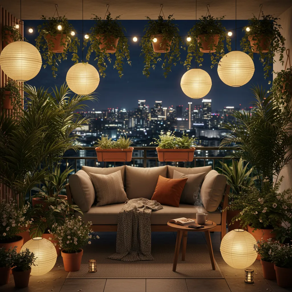 Small balcony garden at night with warm string lights and lanterns