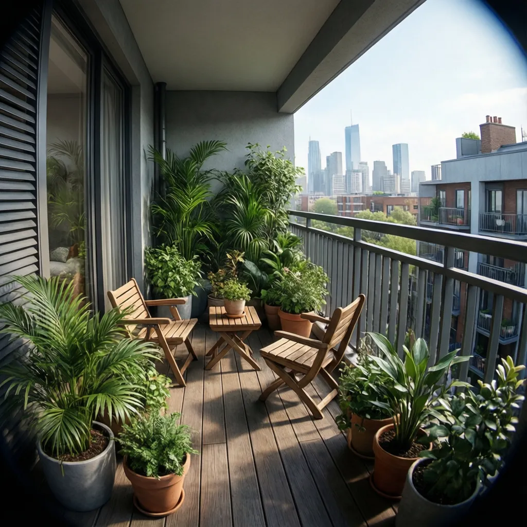Apartment balcony garden with multiple containers and seating area