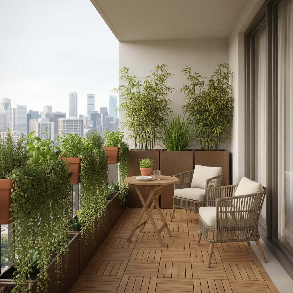 Balcony garden showing layered plant heights with railing planters and floor containers