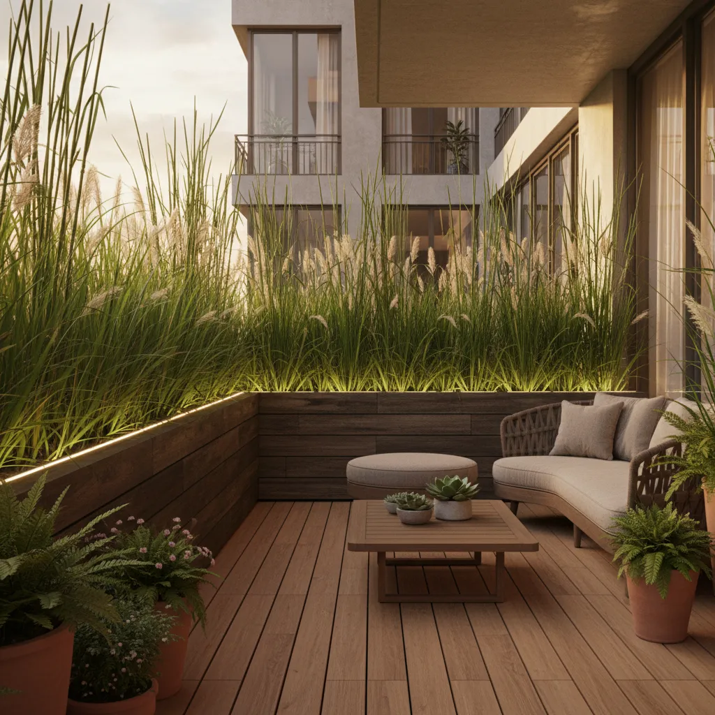 Apartment balcony using tall grasses and bamboo planters for privacy
