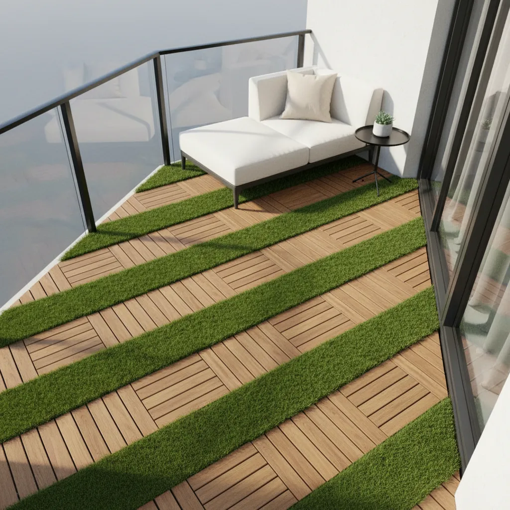 balcony design combining artificial grass strips with wooden deck tiles