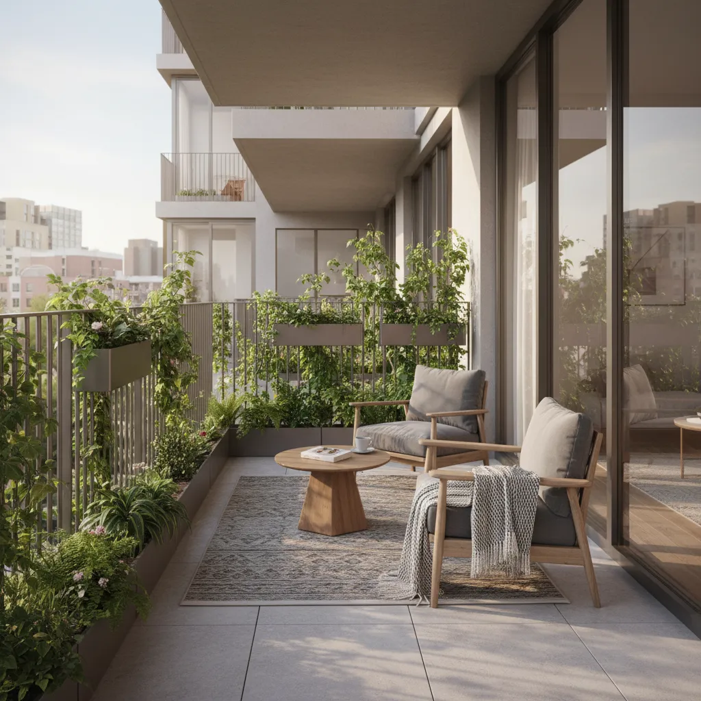 modern balcony grill with integrated planter boxes and greenery
