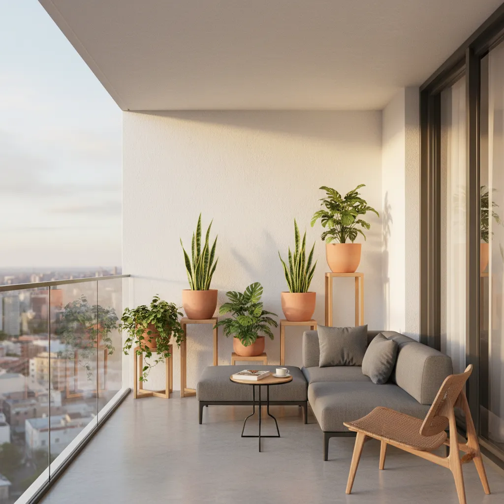 Balcony plants positioned away from reflective wall to reduce heat