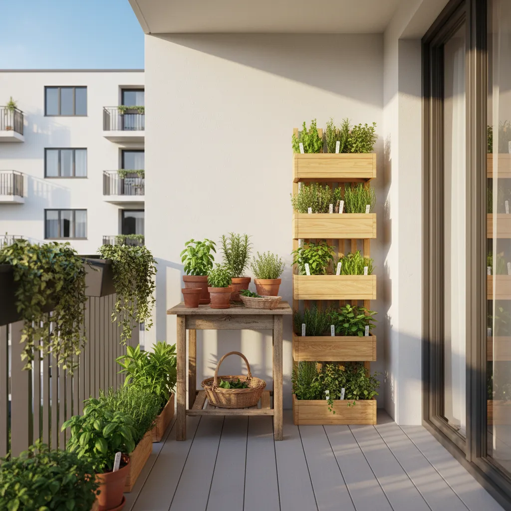organized balcony herb garden layout with containers and small table