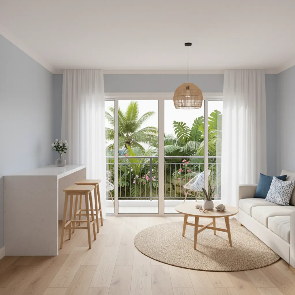 Living room visually connected to balcony with sliding glass doors