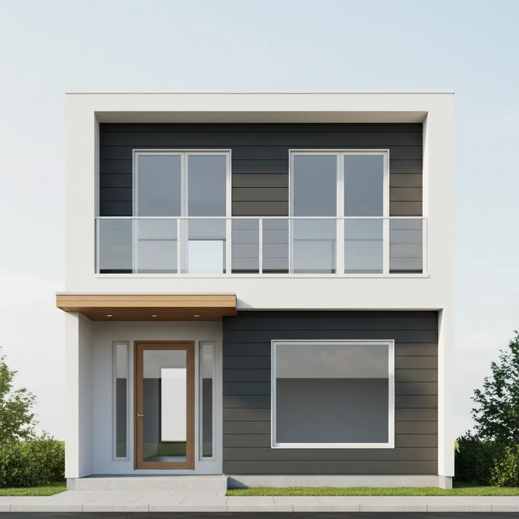House front elevation showing balcony centered with windows