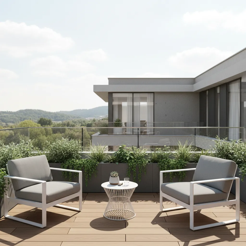 modern balcony layout with seating and planter boxes