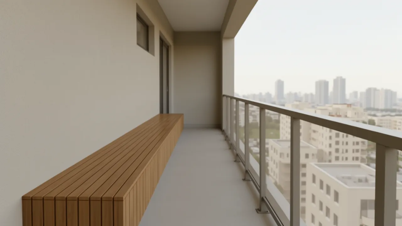 narrow balcony with built in wooden bench and small table layout
