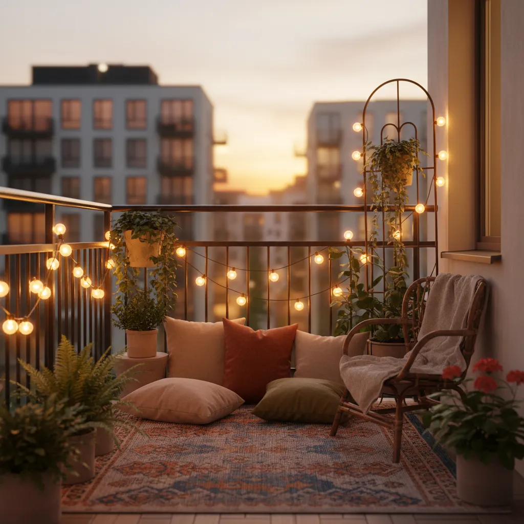 Small balcony with string lights cushions and outdoor rug