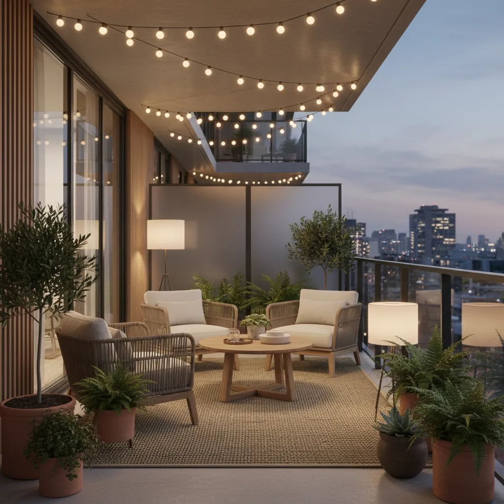 Cozy balcony with warm string lights and outdoor rug at night