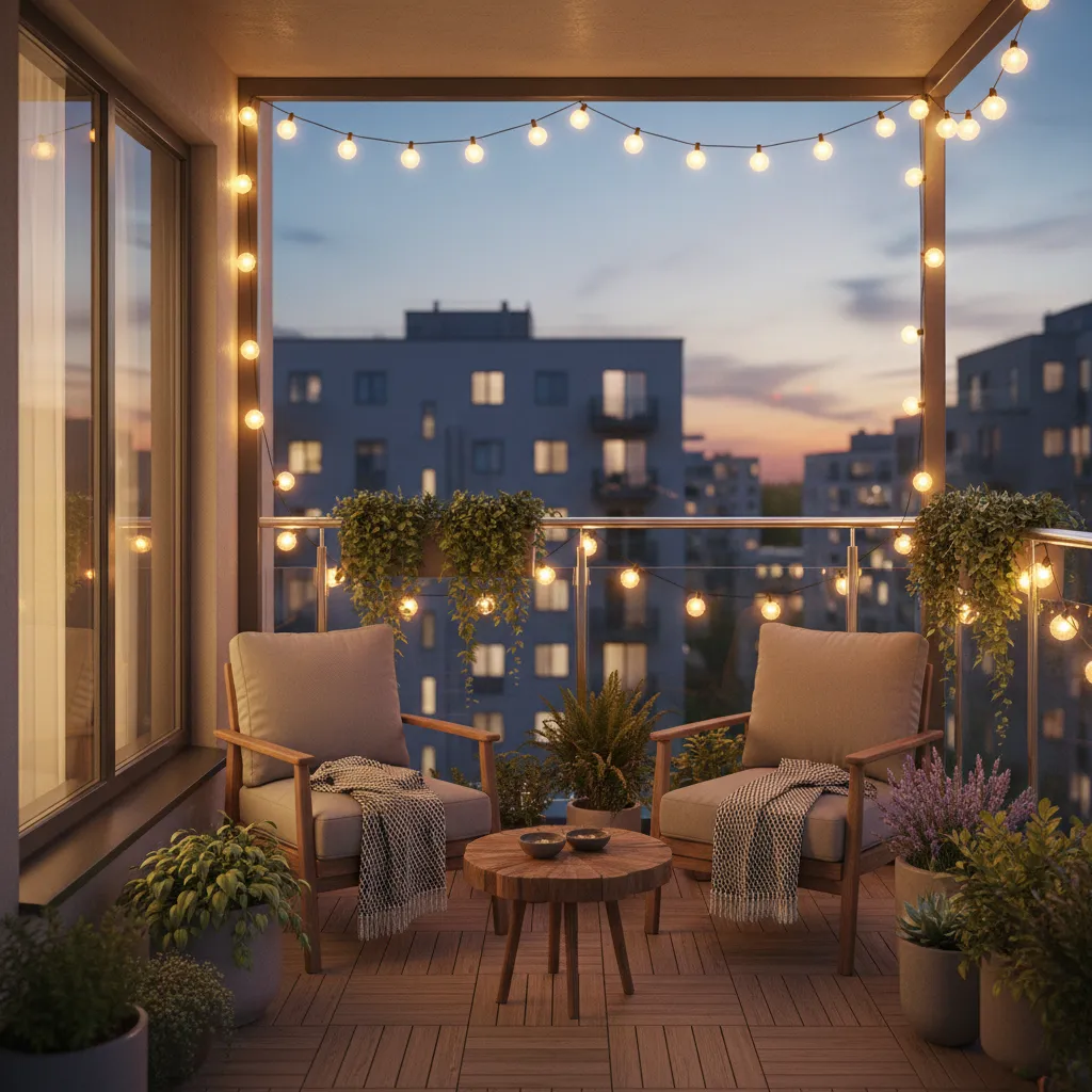 small apartment balcony with warm string lights at night