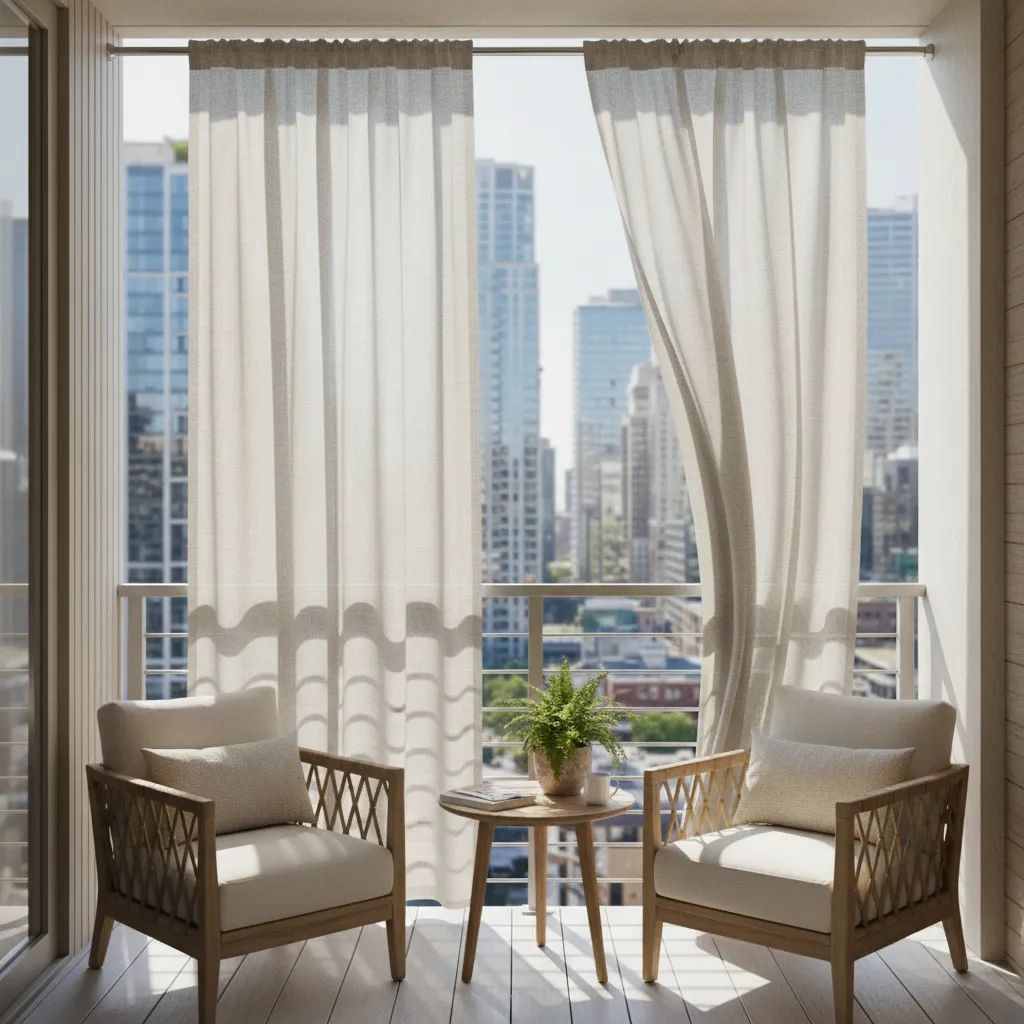 Apartment balcony with outdoor curtains creating privacy